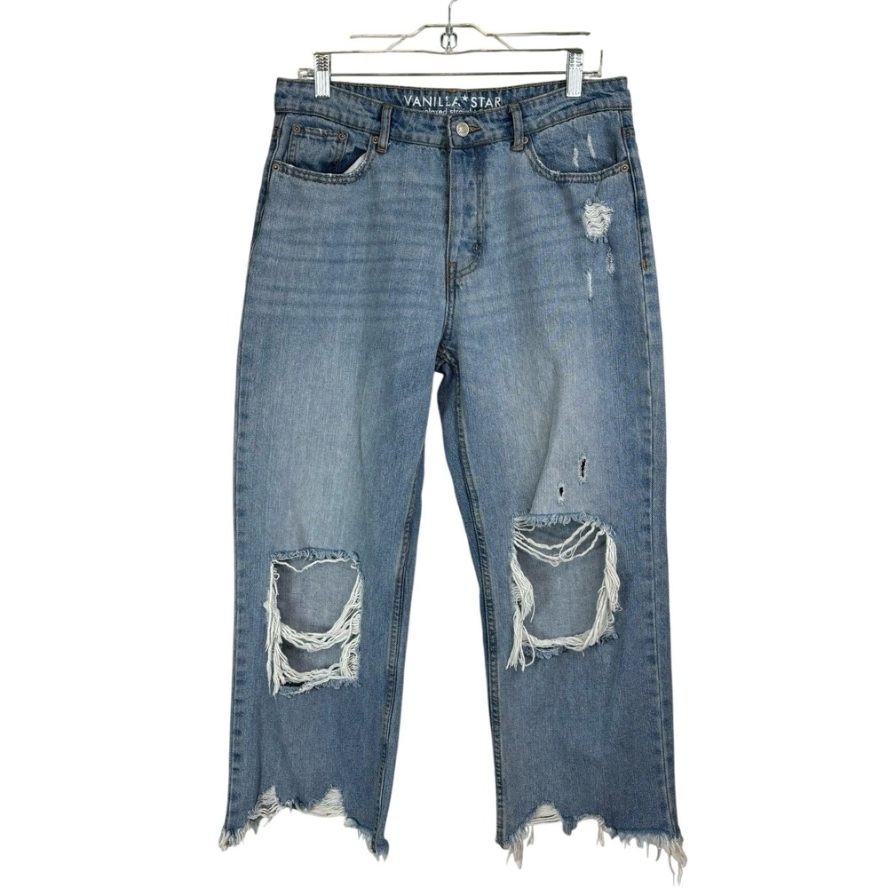 Y2K Distressed Cropped Jeans size 9 Raw Hem Grunge Denim High Rise Edgy Ripped